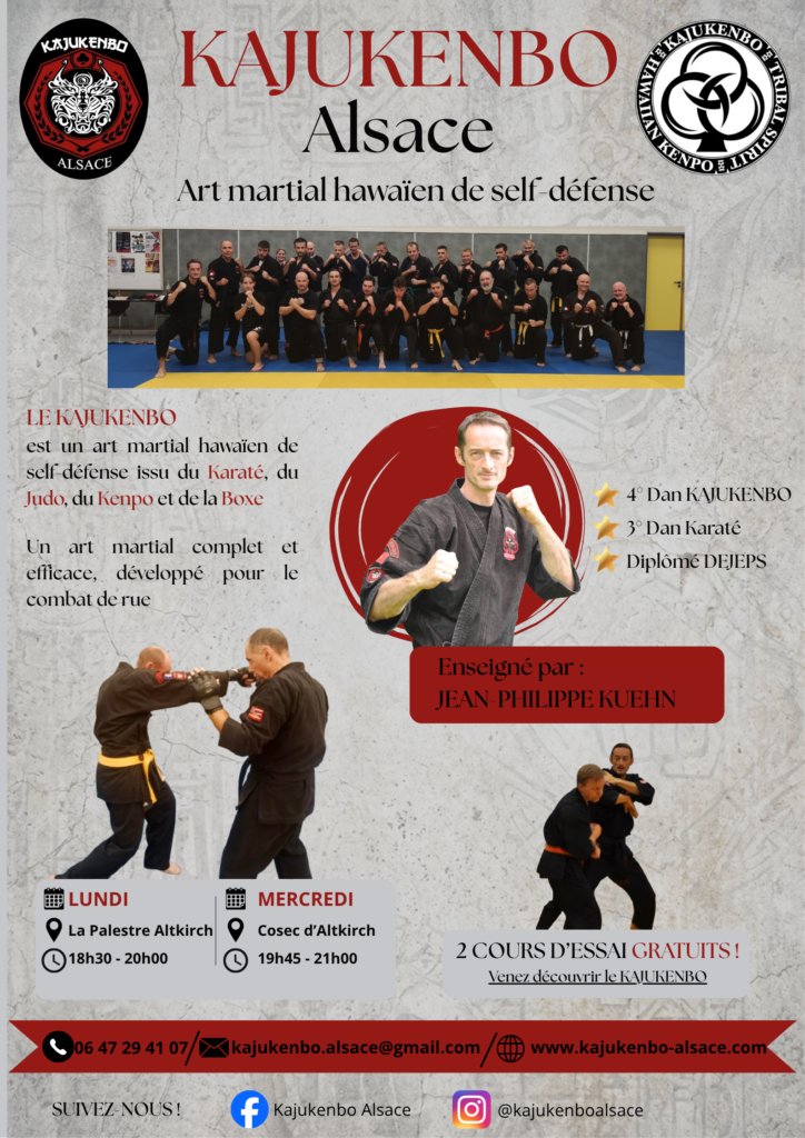 Self-défense, kajukenbo, kenpo, hawaïen, simplicité, art martial, logique, karaté, jujitsu, boxe, kali, réalisme, femme, adolescent, efficacité, réflexe, force, puissance, adaptation, Alsace, Haut-Rhin, Altkirch, Dannemarie, la palestre, cosec, tribal spirit